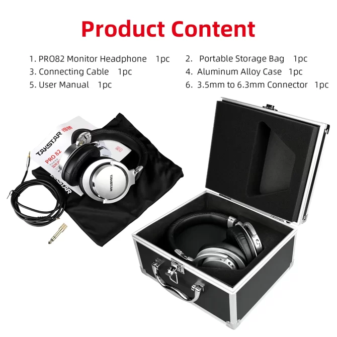 Pro82 Studio Monitor Headphone. showing case and inside contents