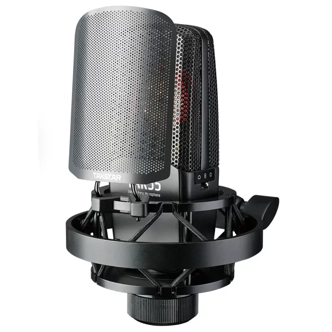 Professional Studio Large Diagraphm Condenser Microphone front side with windscreen on it